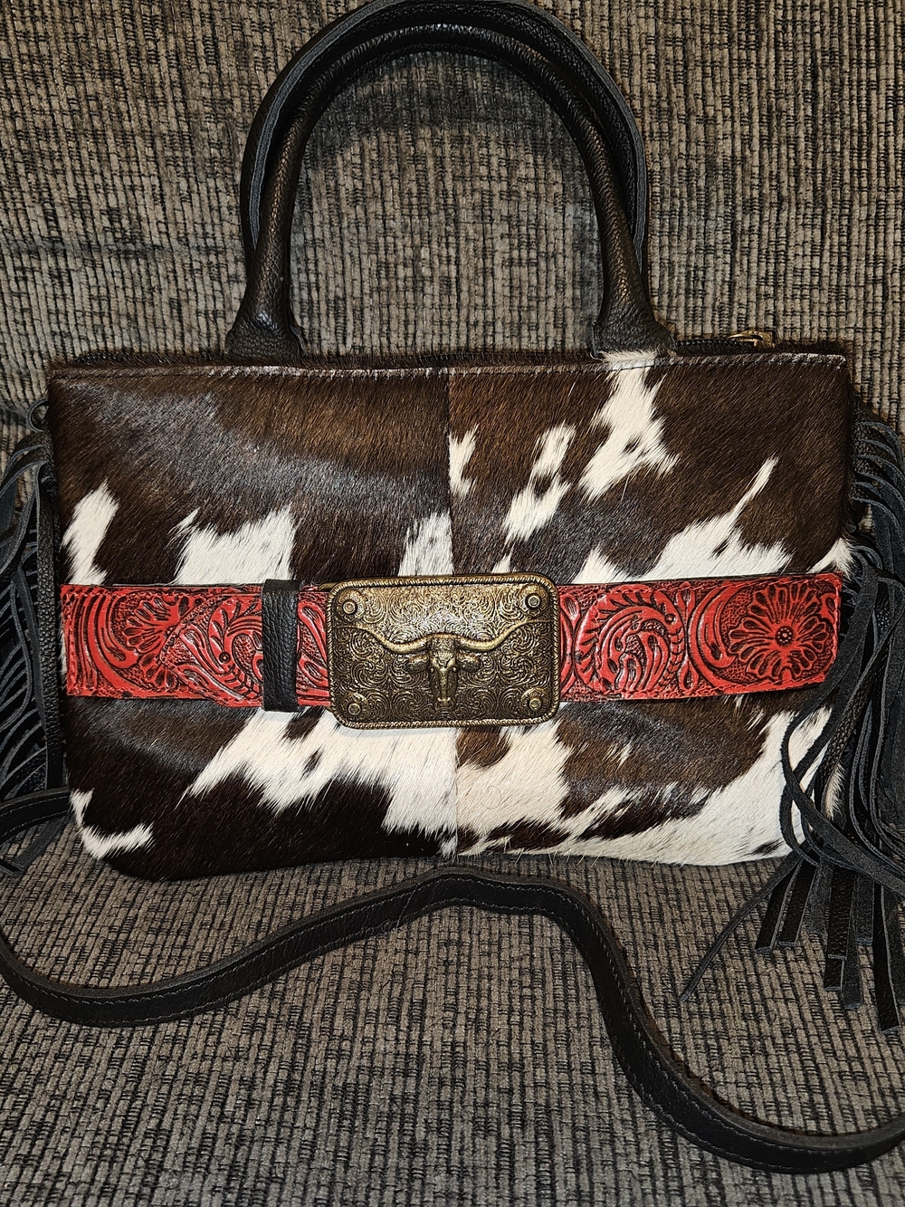 Cowhide Fringe Satchel with Red Tooled Belt Accent